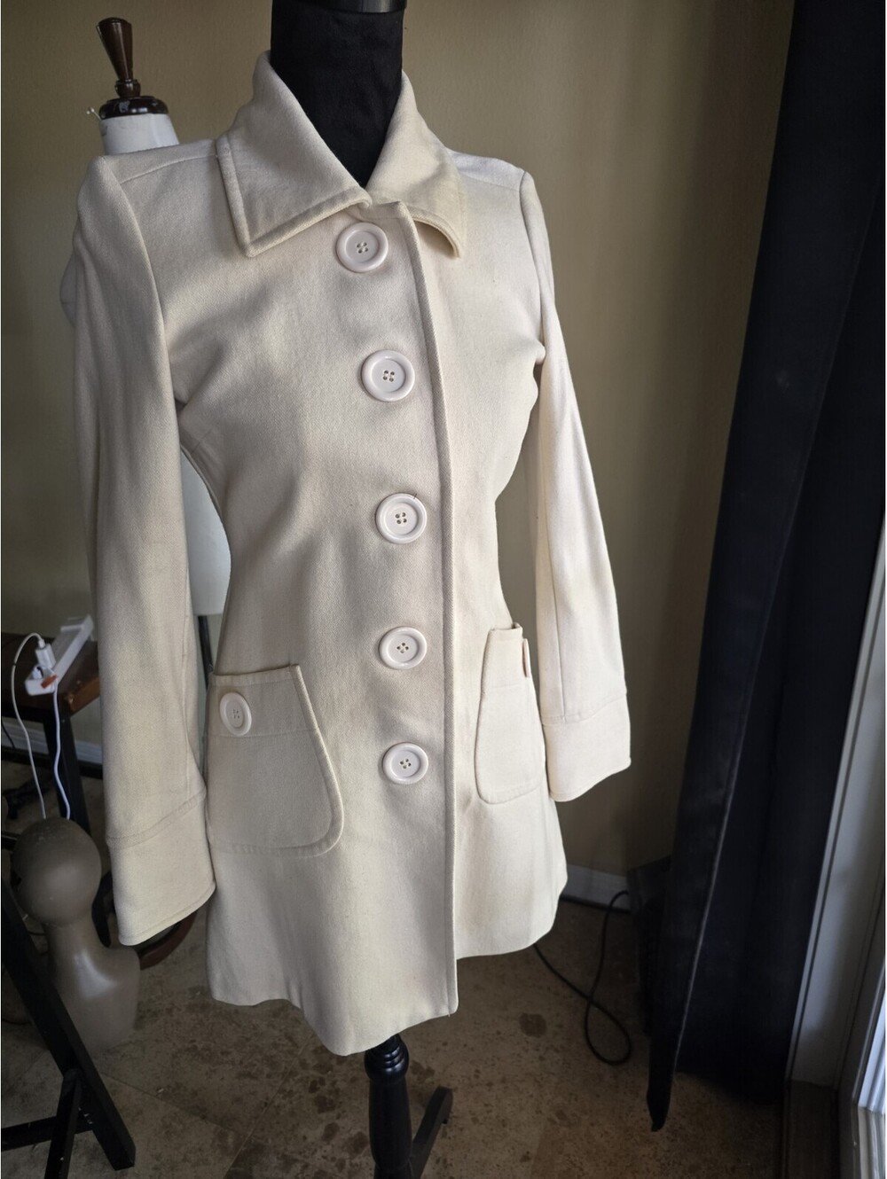 Tulle by Anthropologie Ivory cream Wool PeaCoat polkadot Lined with Pockets Sz S